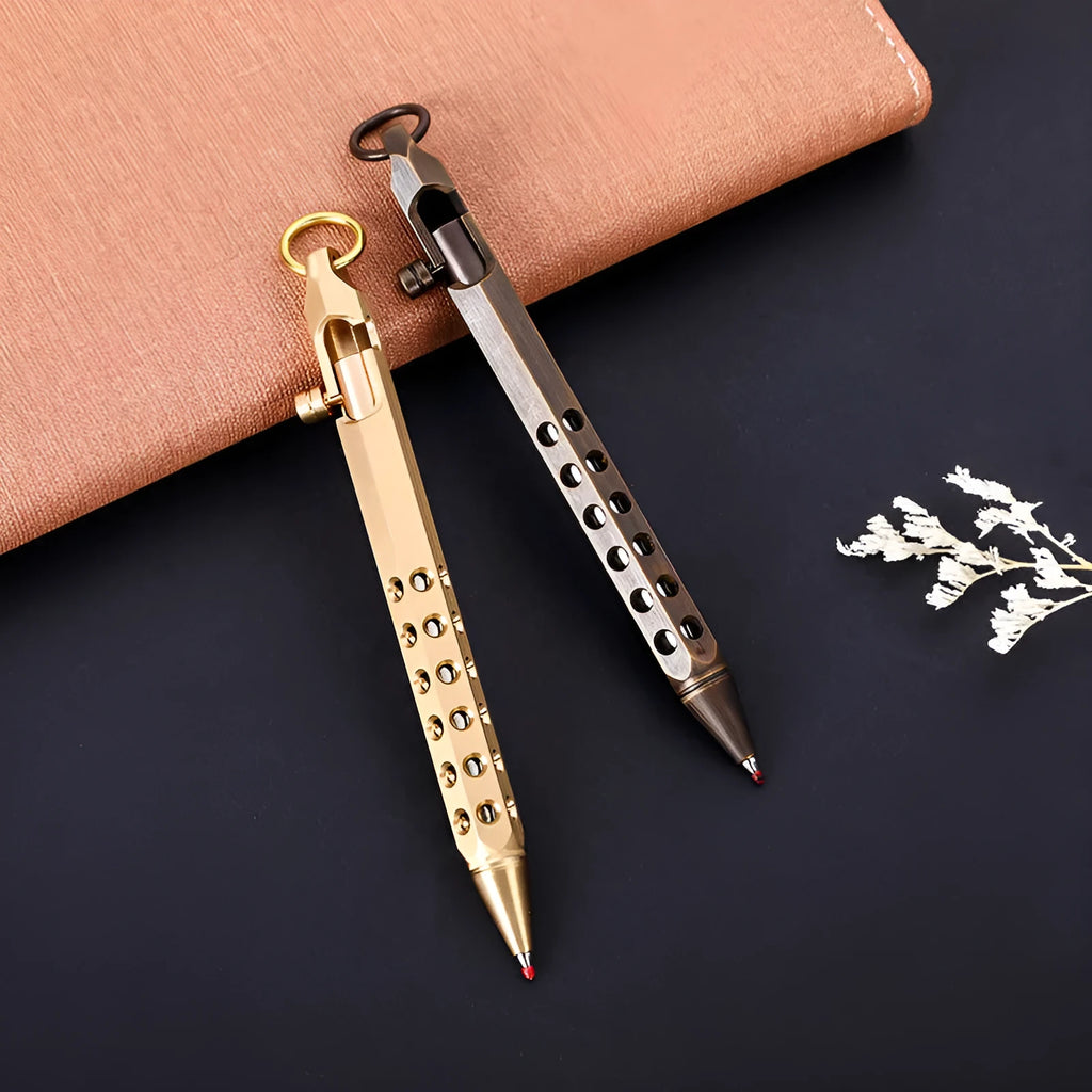 Brass hexagonal rollerball pen with 0.5mm tip and six-angle barrel design