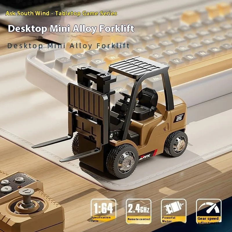 1:64 scale alloy remote control forklift with Bluetooth operation, cargo hook, and loading accessories