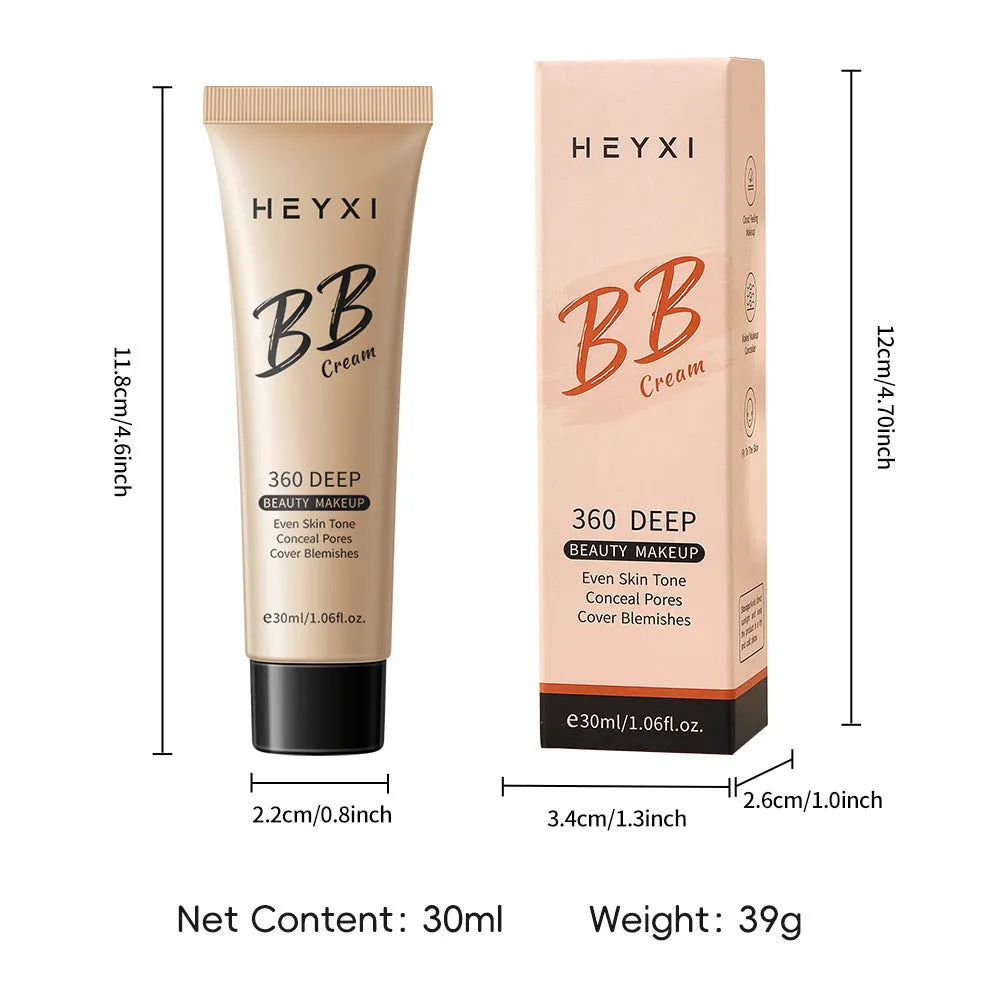 Waterproof BB cream bottle showing four colour shade options for universal skin types