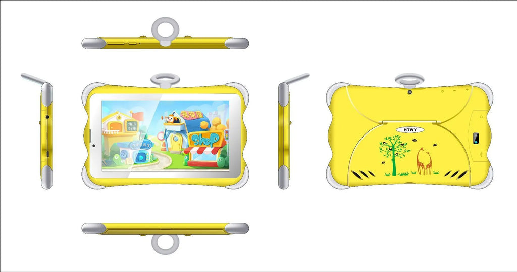 Children's 7-inch learning tablet in cartoon colours with protective stand and charger