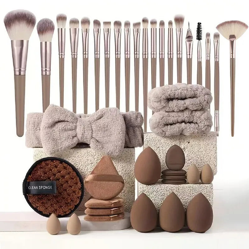 Beauty tools combination set with hydrophilic non-latex sponges in brown, pink and purple colour options