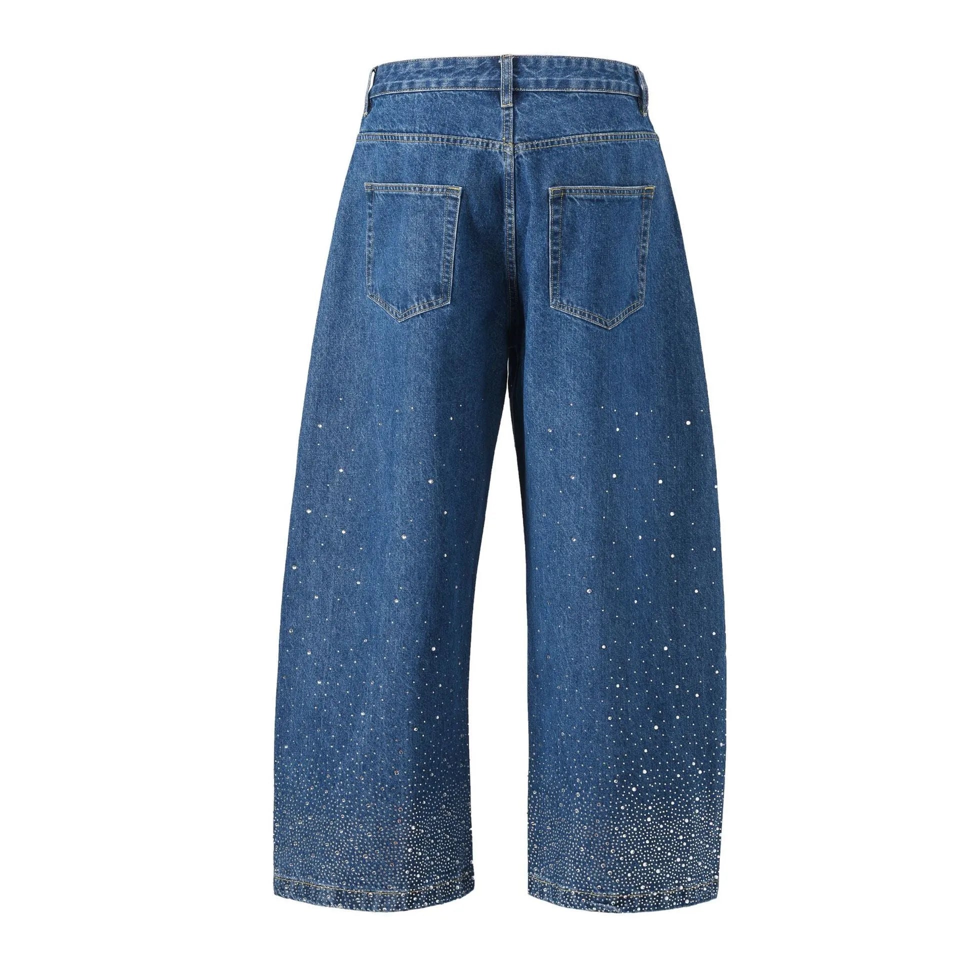 Blue loose-fit wide-leg high street trousers showing waist sizes 30-36 with pullover styling