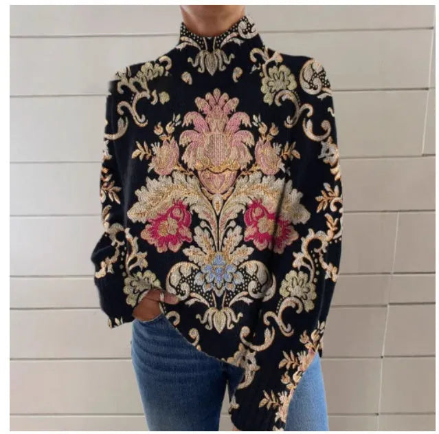 Black 3D pattern printed loose fit turtleneck long sleeve sweater on a model