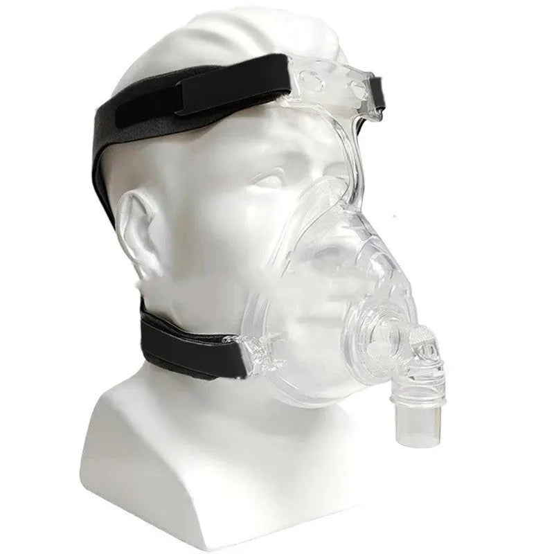 Transparent CPAP breathing mask with silicone cushion and two elbow adapters for ventilator connection
