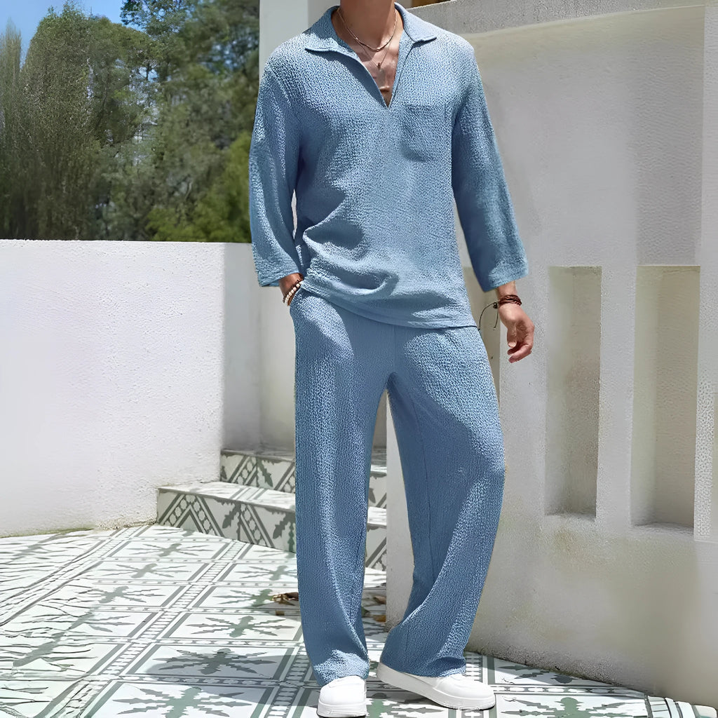 Men's casual shirt and trousers polyester suit set in lake blue colour for autumn wear.