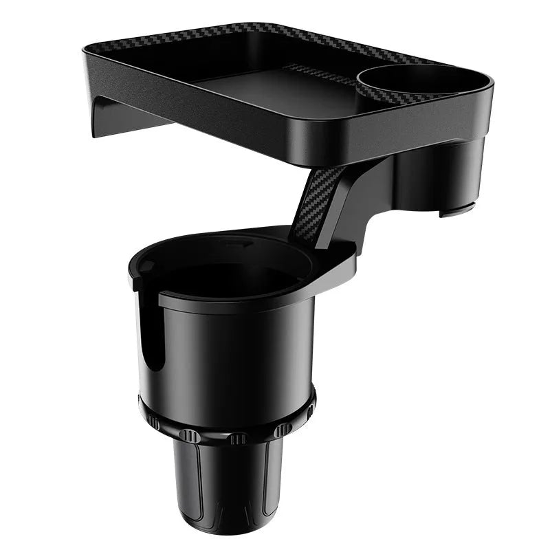 Black ABS plastic car-mounted rotating dinner tray holder showing 360-degree adjustment mechanism