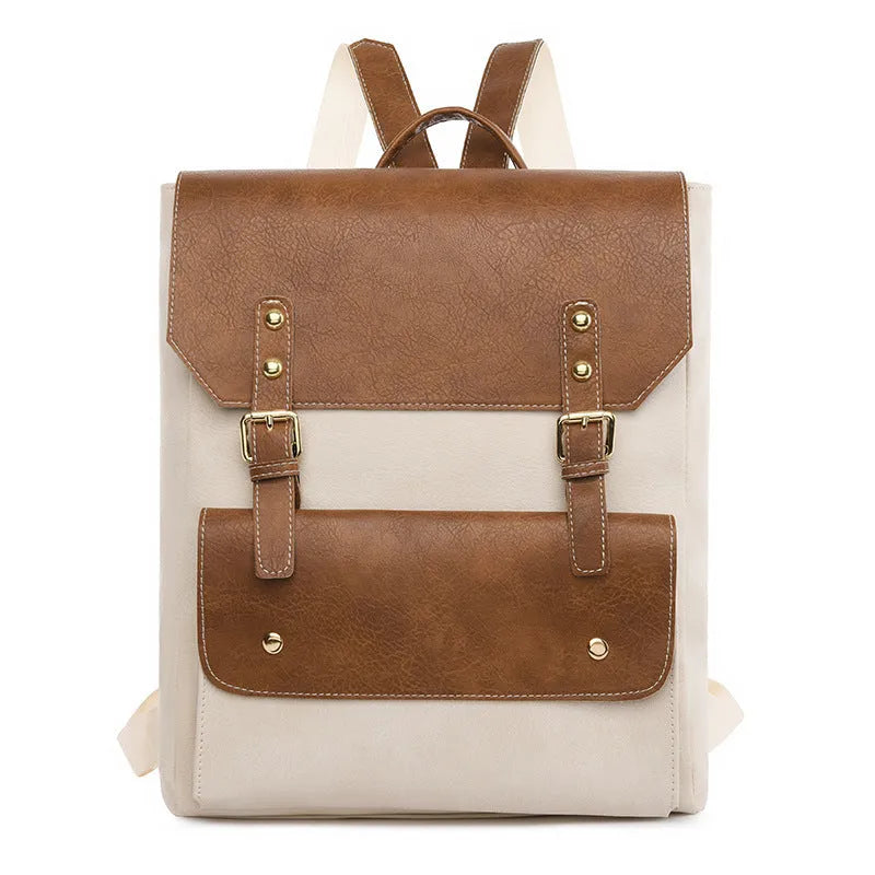 Korean style retro backpack in soft PU material showing ventilation features and available colour options