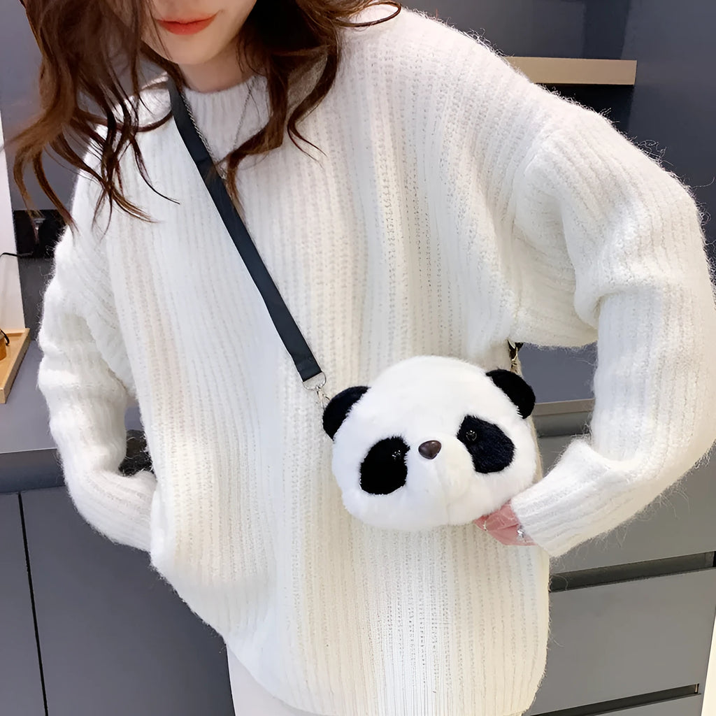 Plush cylindrical crossbody bag with panda head design measuring 18cm
