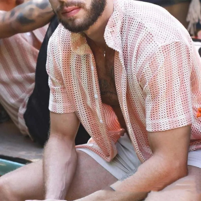 Pink waffle knit men's cardigan shirt with short sleeves and loose fit
