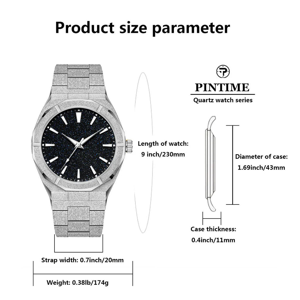 Business men's watch with frosted stainless steel case and luminous hands in silver colour