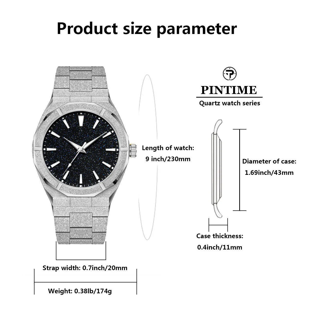 Business men's watch with frosted stainless steel case and luminous hands in silver colour