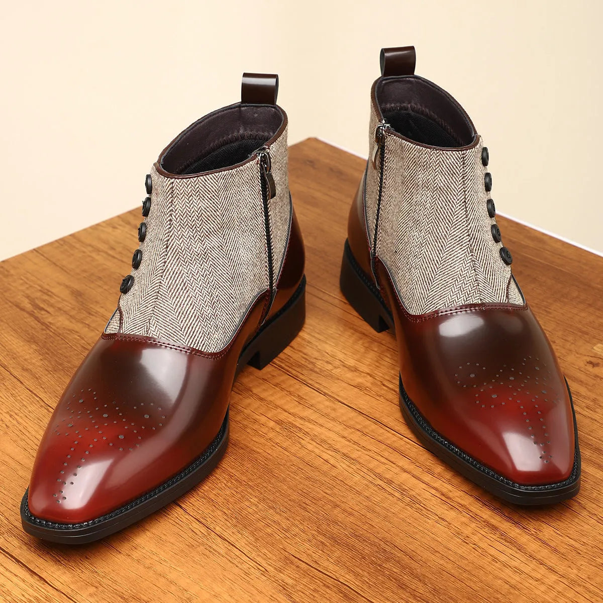 Men's brown retro leather shoes with side zipper and square toe on a white background