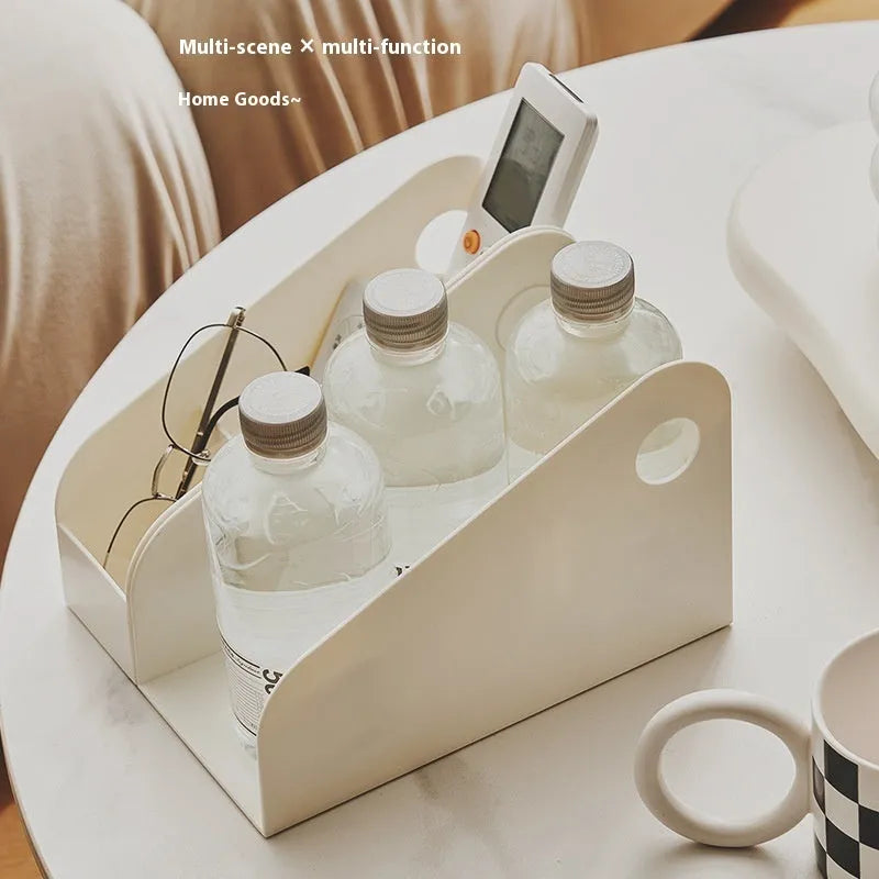 Desktop plastic storage box with integrated book shelf and two grid compartments