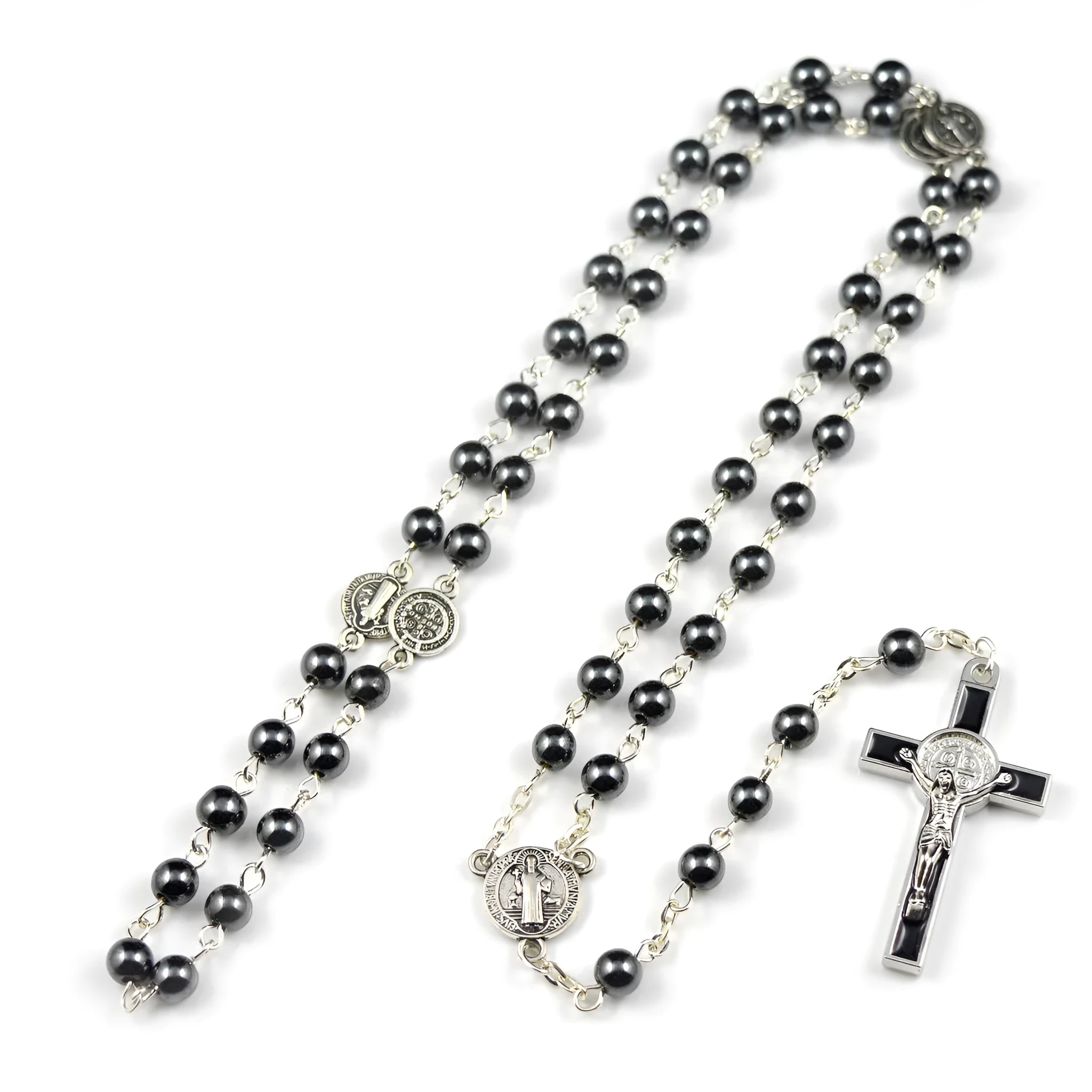 Black rosary necklace with hematite beads and zinc alloy cross on plain background