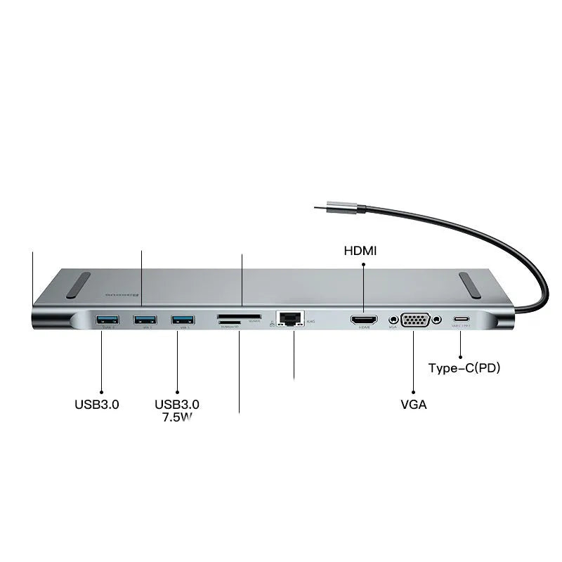 Ten In One MacBook Multi-function Adapter aluminium alloy USB-C hub with HDMI VGA USB 3.0 RJ45 Ethernet SD card slot and Type-C charging in Space Grey