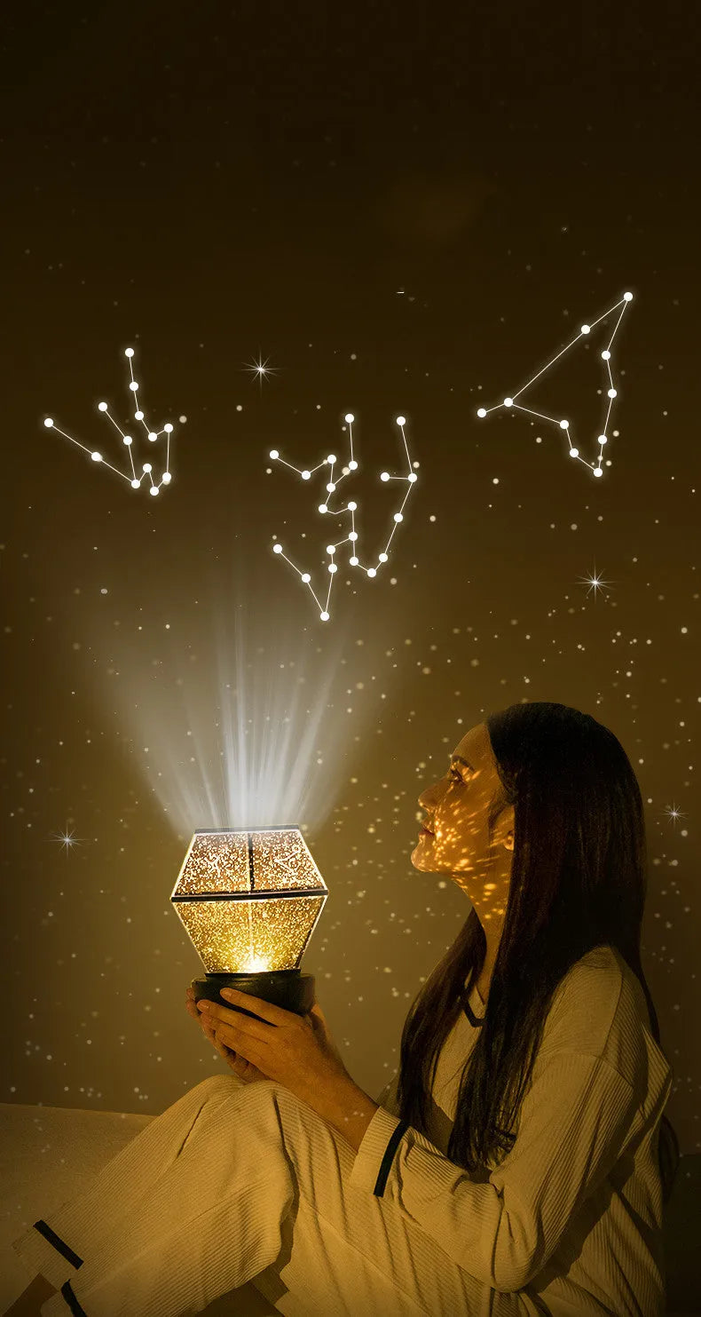Children's rotating stars LED night light projecting colourful star patterns on a wall