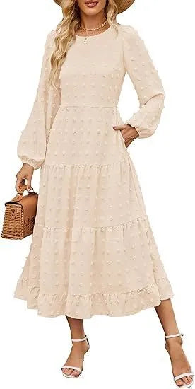 Women's long sleeve autumn dress with ruffle sleeves and high waist in solid colour options