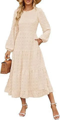 Women's long sleeve autumn dress with ruffle sleeves and high waist in solid colour options