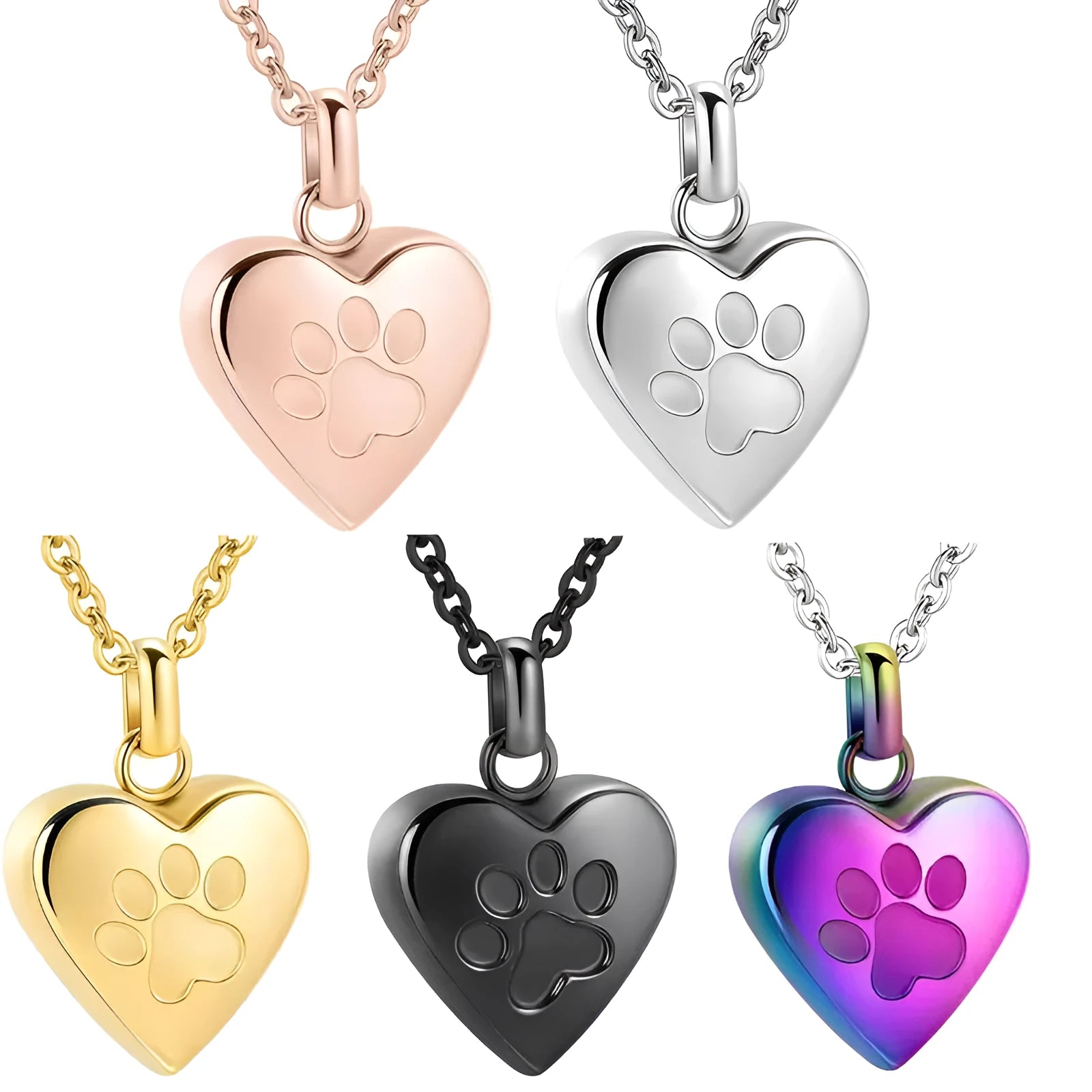 Silver heart-shaped titanium steel casket necklace with a paw print, shown open and closed.