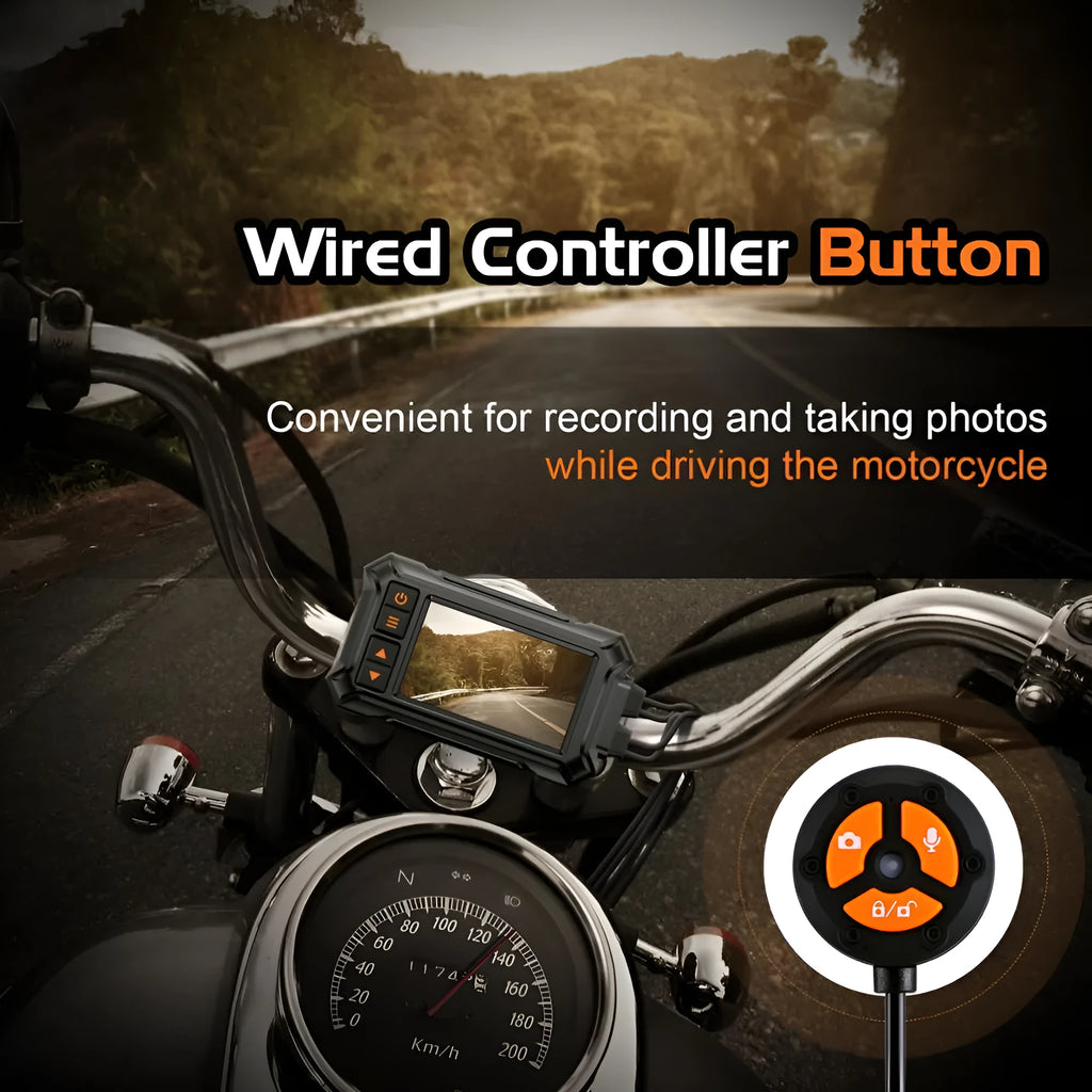 Motorcycle dual lens GPS tachograph recorder unit with front and rear cameras and handlebar mount