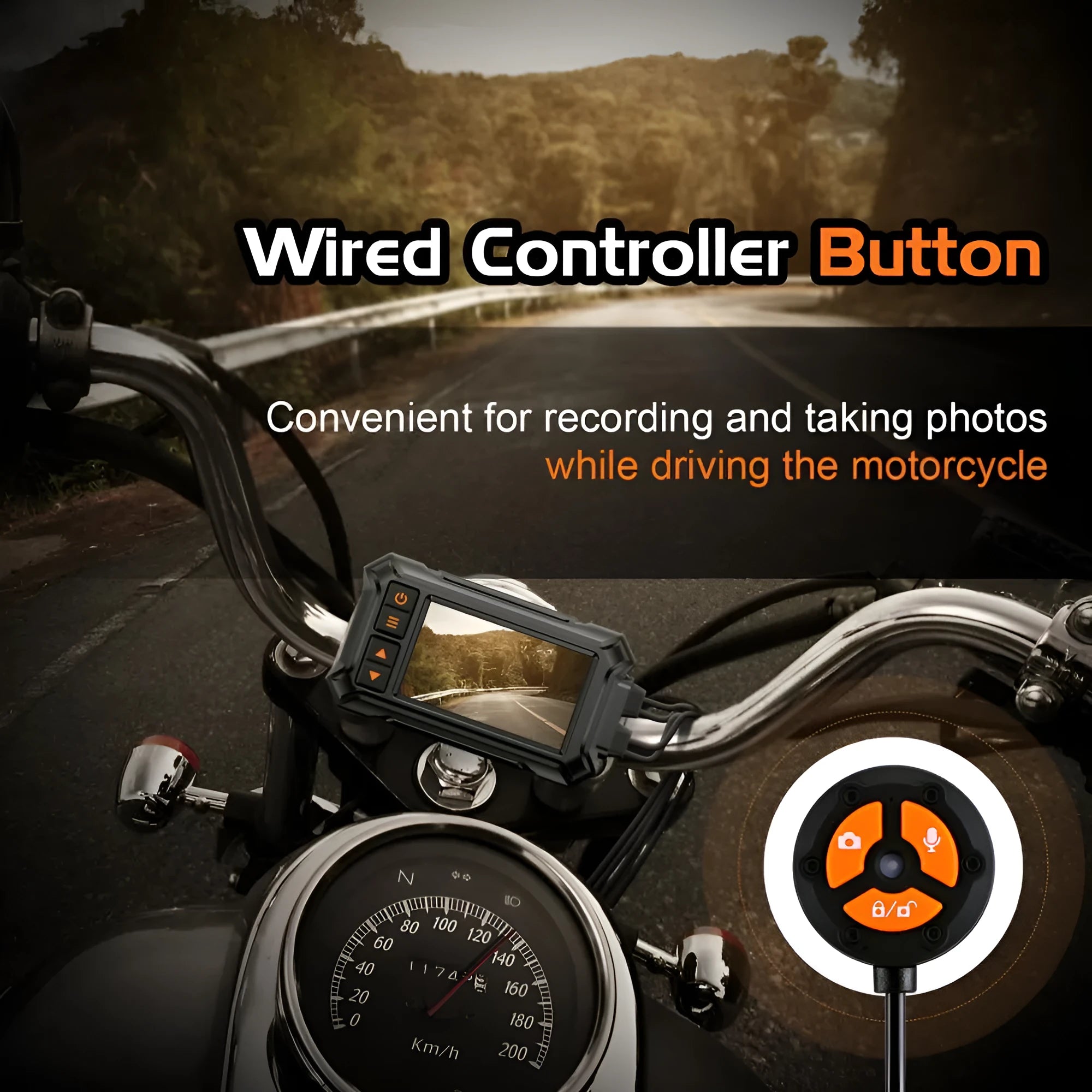 Motorcycle dual lens GPS tachograph recorder unit with front and rear cameras and handlebar mount