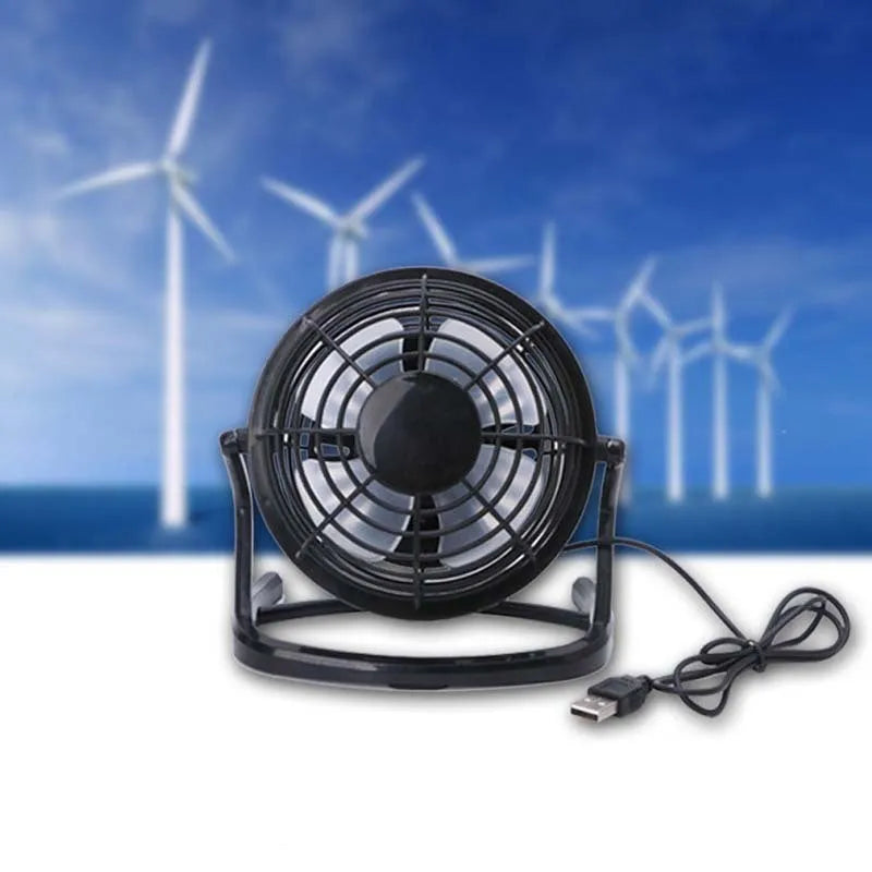 Mini USB desk fan with adjustable angle, black plastic housing, and 96mm blades for laptop cooling