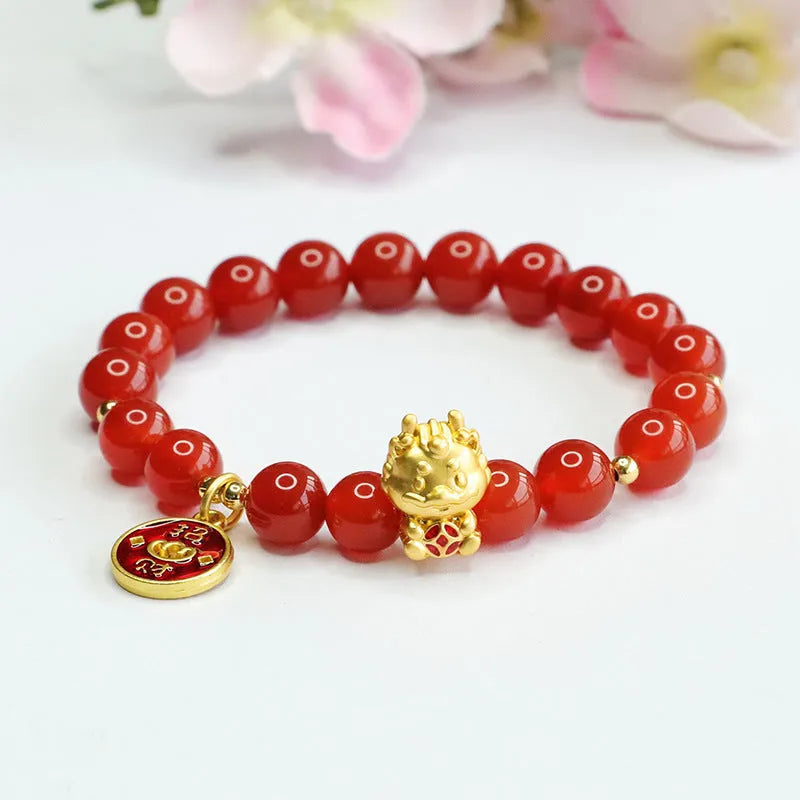 Red agate Chinese zodiac dragon bracelet with 8mm round beads