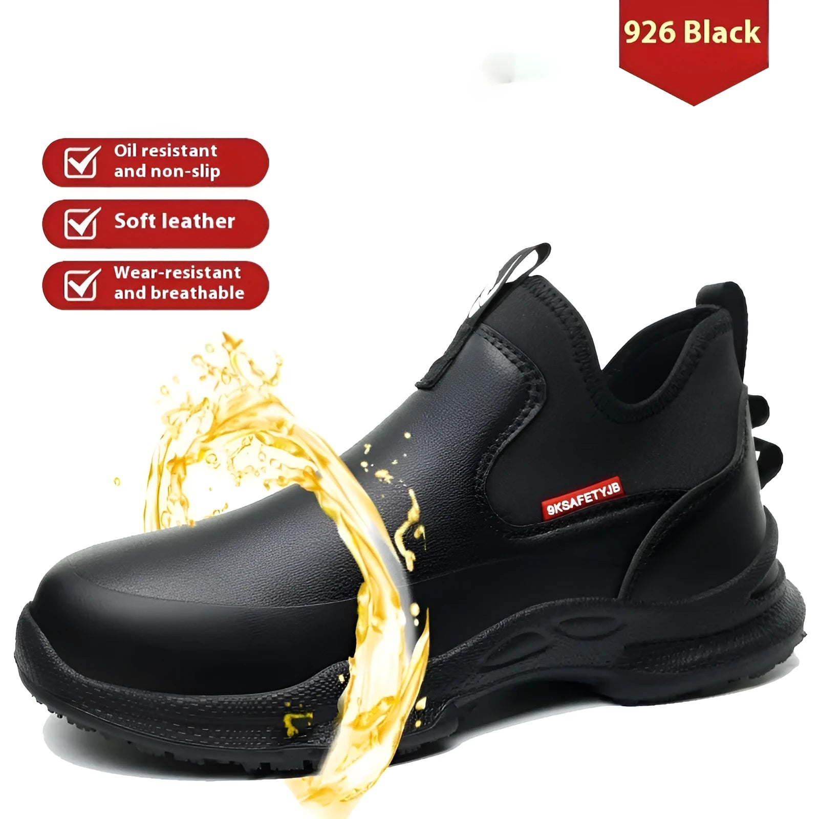 Black high-cut men's waterproof chef work shoes with rubber anti-slip soles.