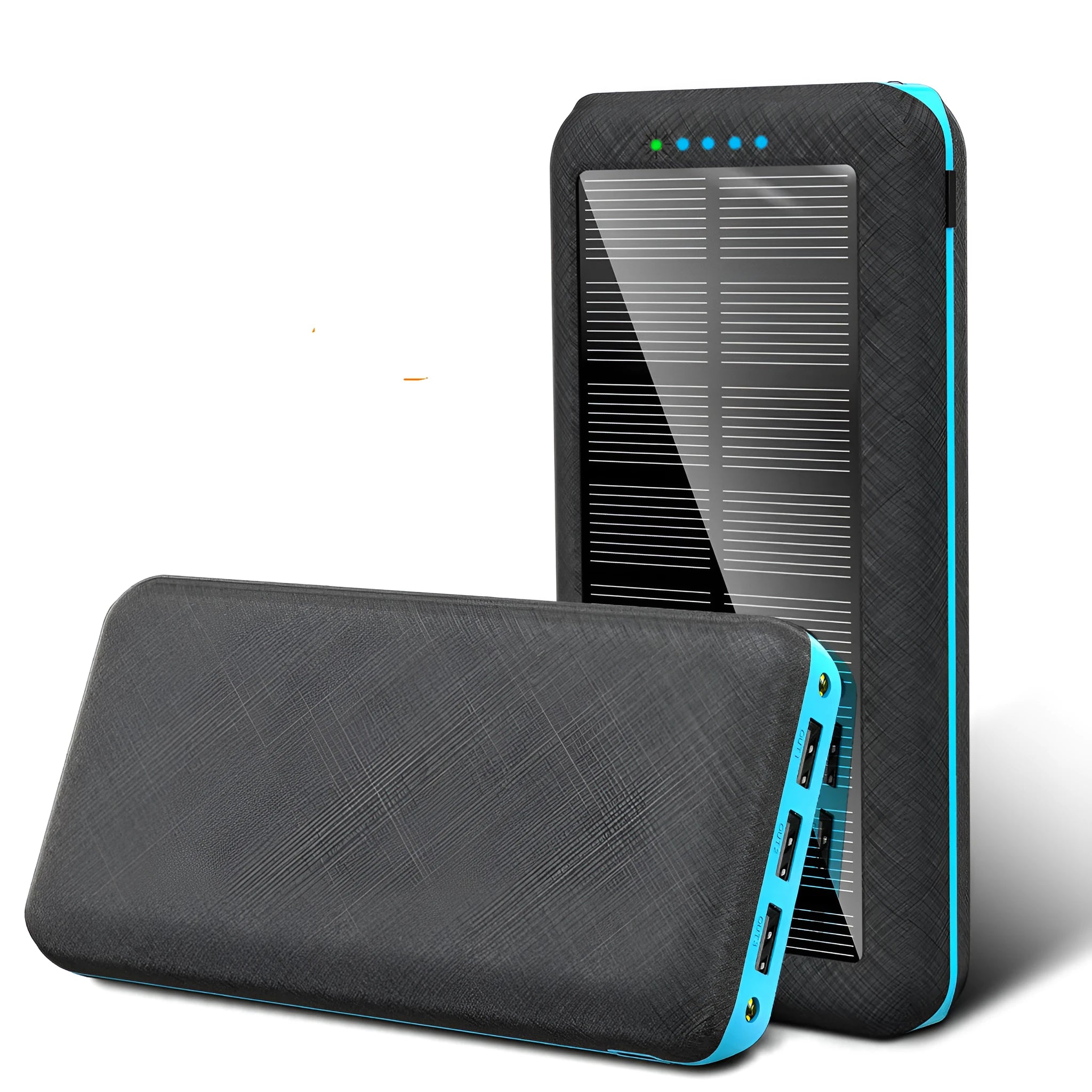 Black portable power bank with Qi wireless charging pad, three USB ports, and an LED flashlight on the front.