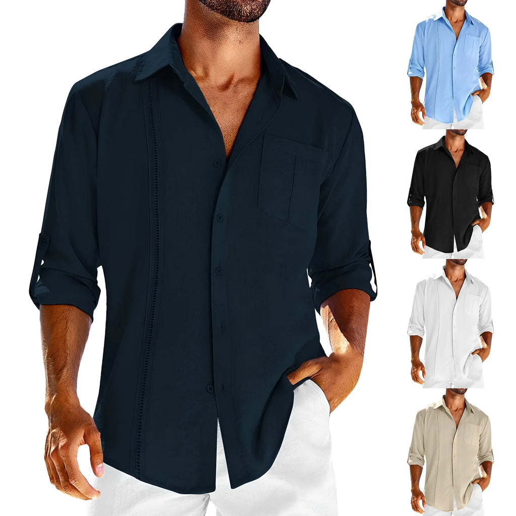 Man wearing a grey casual long sleeve cotton blend shirt with a polo collar and chest pocket.