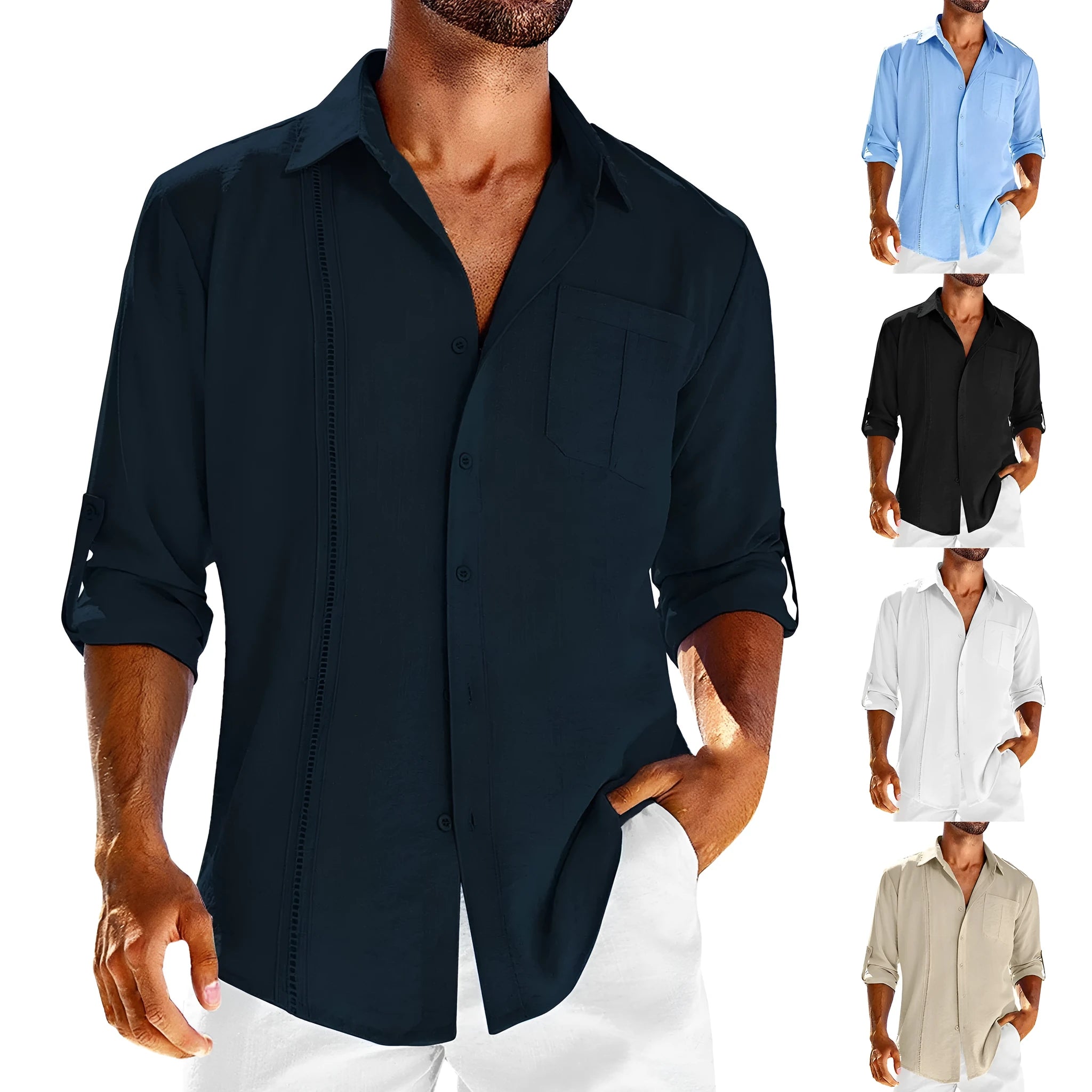Man wearing a grey casual long sleeve cotton blend shirt with a polo collar and chest pocket.