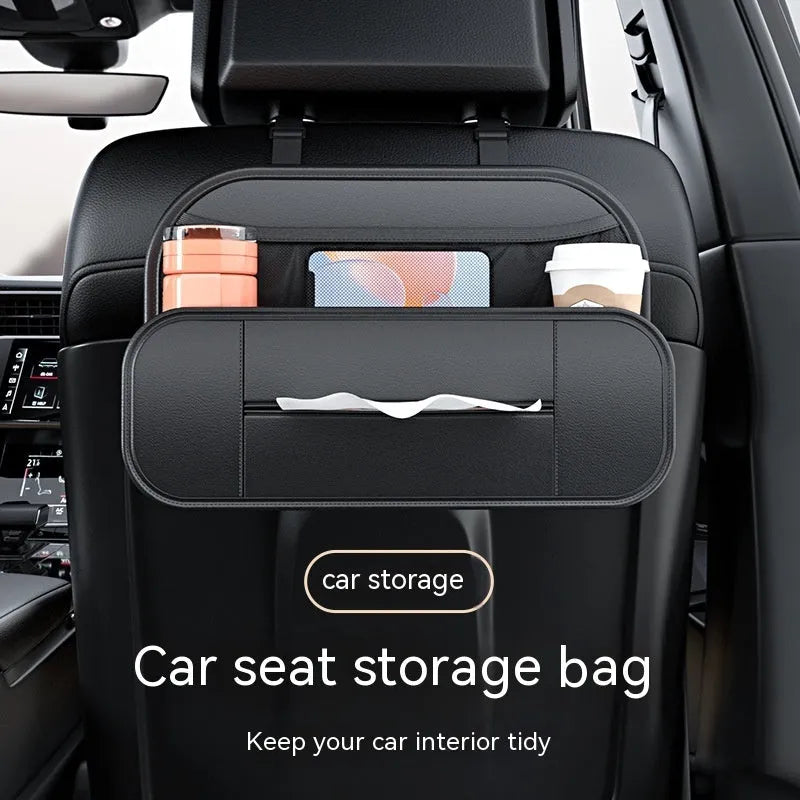 Black leather car seat back storage organiser with adjustable compartments