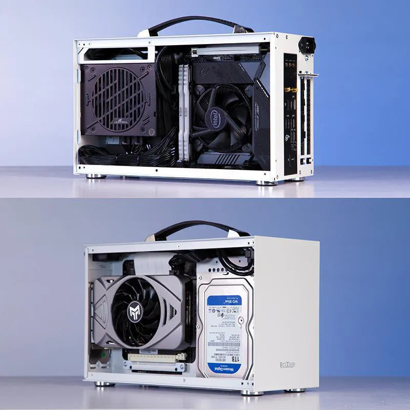 Hummingbird PRO mini ITX desktop computer case in titanium grey or white with multiple configuration options