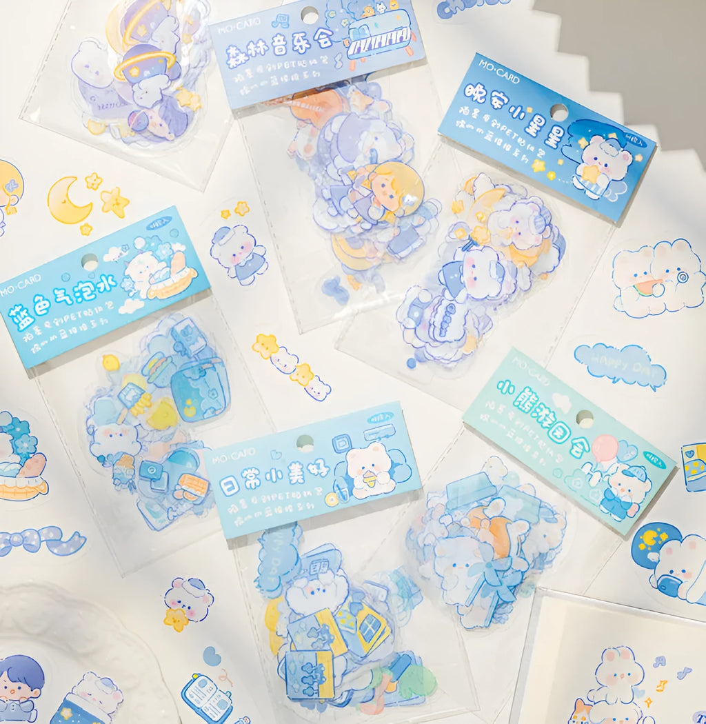 Waxy Ji Blue cartoon hand tent stickers set with 6 styles including Bear Fete and Planet Odyssey, 46 pieces, waterproof PET