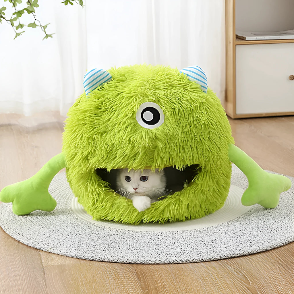 Round plush cat bed for indoor cats and small dogs in three sizes