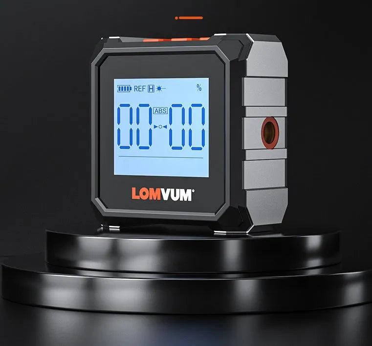 Digital laser inclinometer tape measure with alloy casing and backlit display on a metal surface.