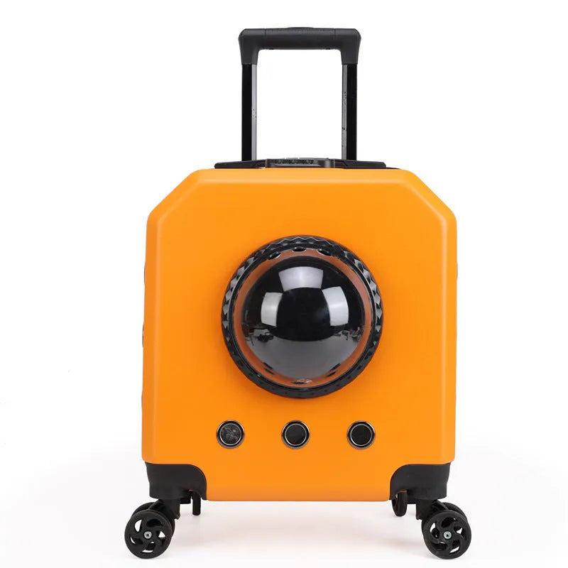 A hard-shell pink pet flight case with wheels and a pull handle, shown as a trolley-style cat carrier.