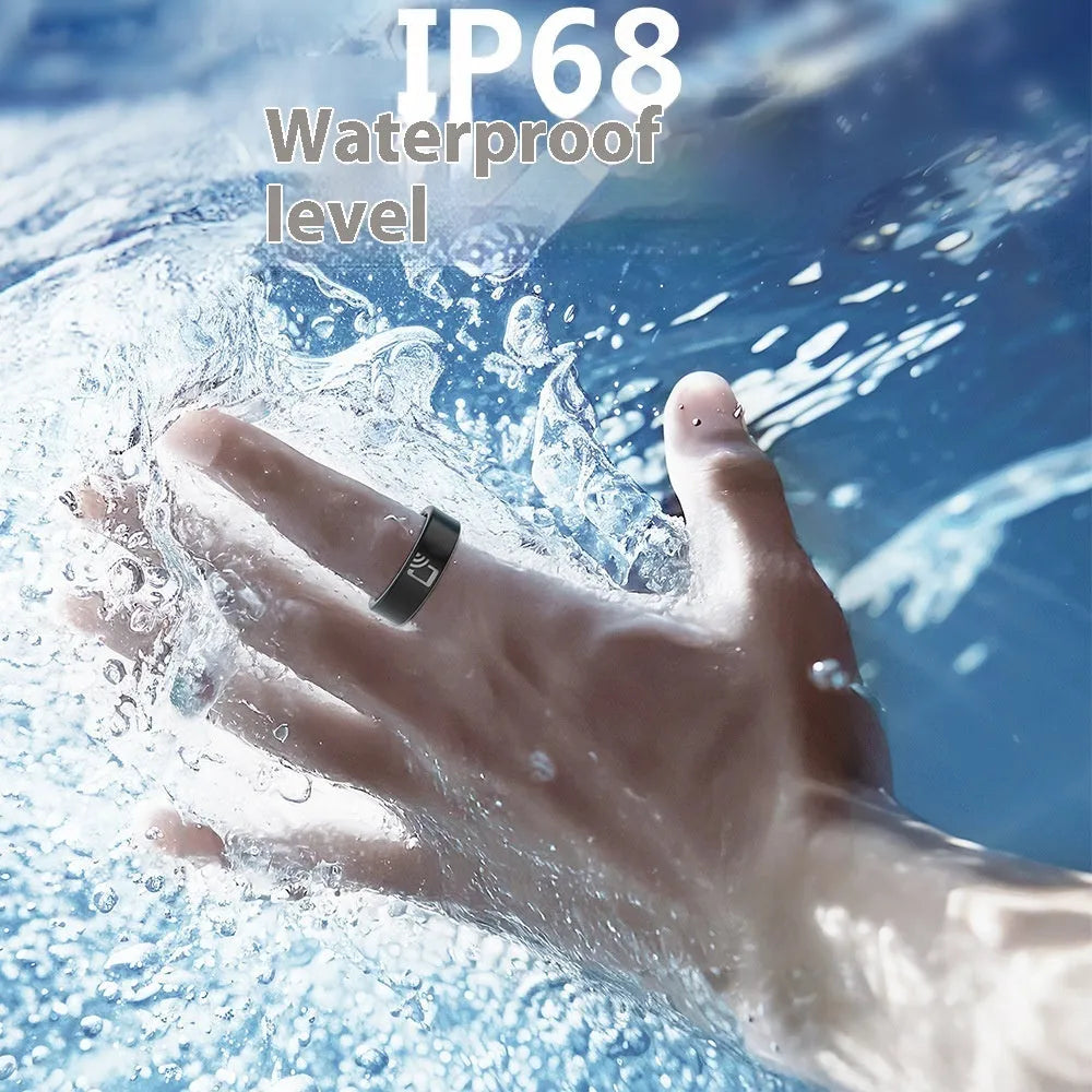 Black ceramic smart ring for heart rate, blood oxygen, and sleep monitoring on a finger.