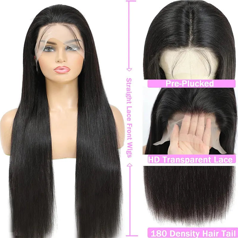 A straight black human hair wig with a 13x6 lace front, shown at a medium length.