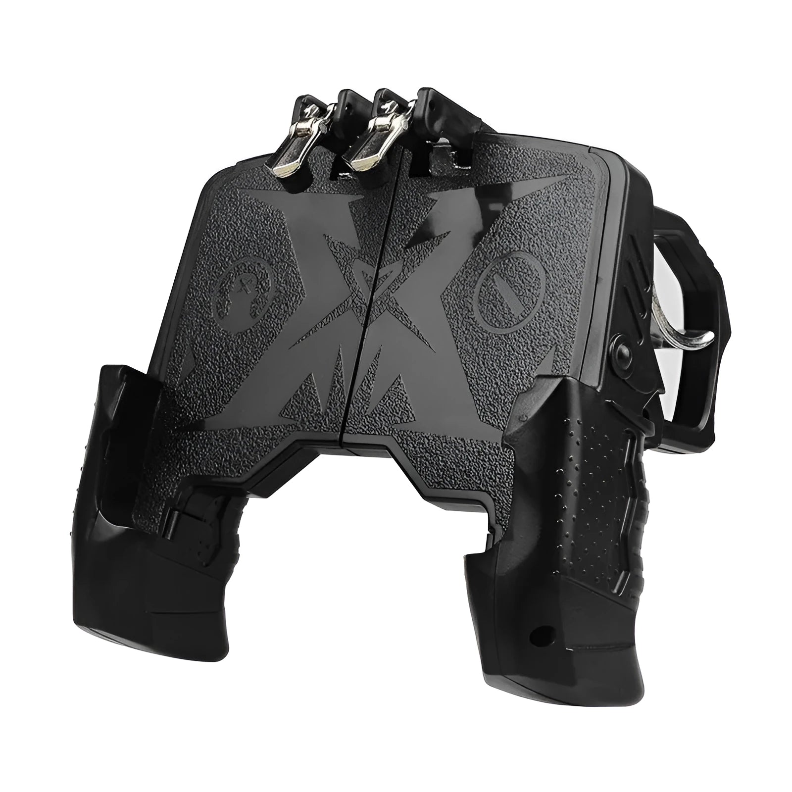A black or brown black plug-in mobile phone gaming handle controller with no vibration.