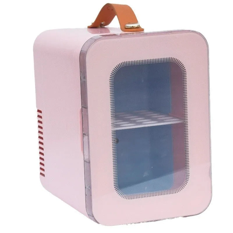 Pink mini refrigerator with transparent door showing 6L capacity for beauty product storage