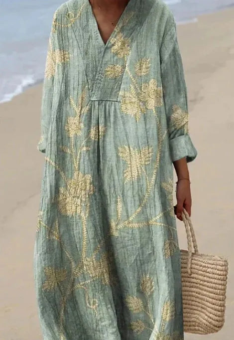 Women's long sleeve floral 3D printed shirt dress with a wide waist and long skirt.
