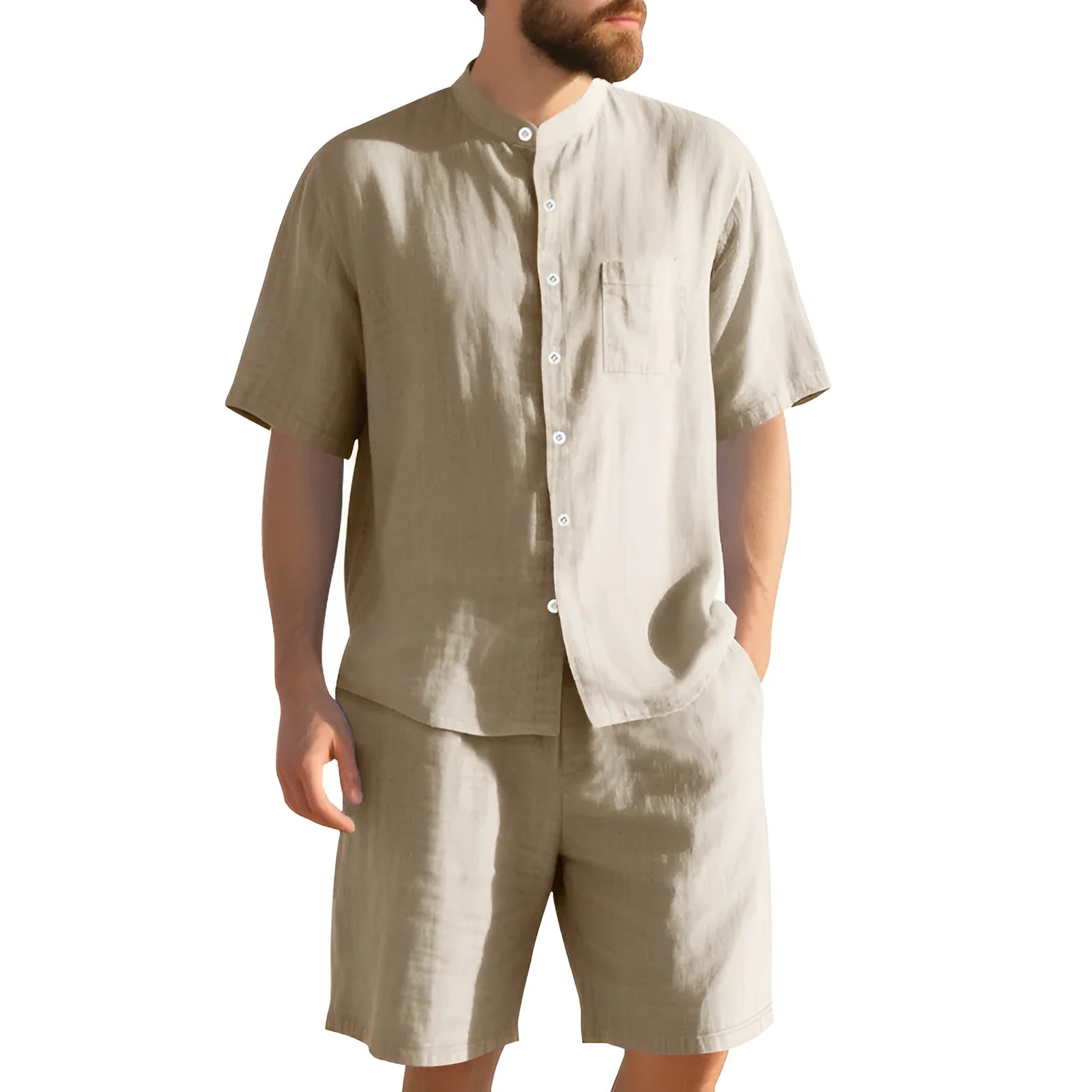 Men's light blue linen blend two-piece suit with short sleeve shirt jacket and shorts on a hanger.