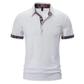 Men's polo shirt with colour stitching detail on a turnover collar and short sleeves.