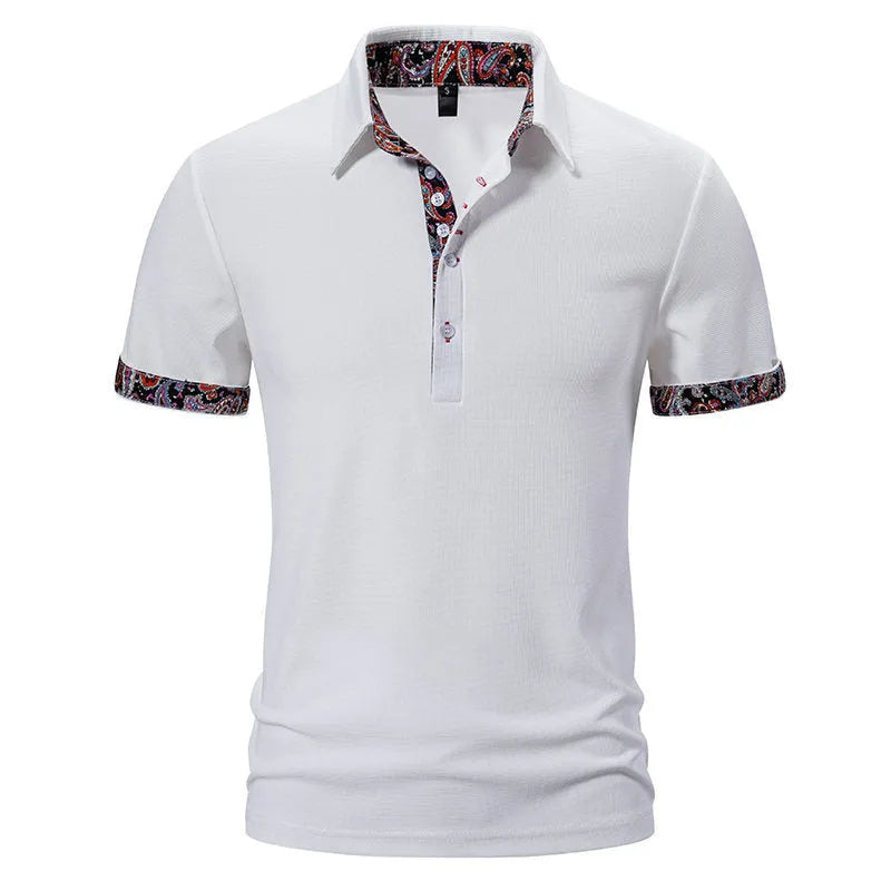 Men's polo shirt with colour stitching detail on a turnover collar and short sleeves.