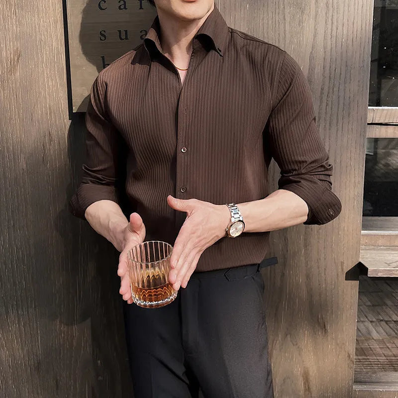 Men's striped long sleeve V-neck casual shirt in a cardigan style, shown in multiple colours.