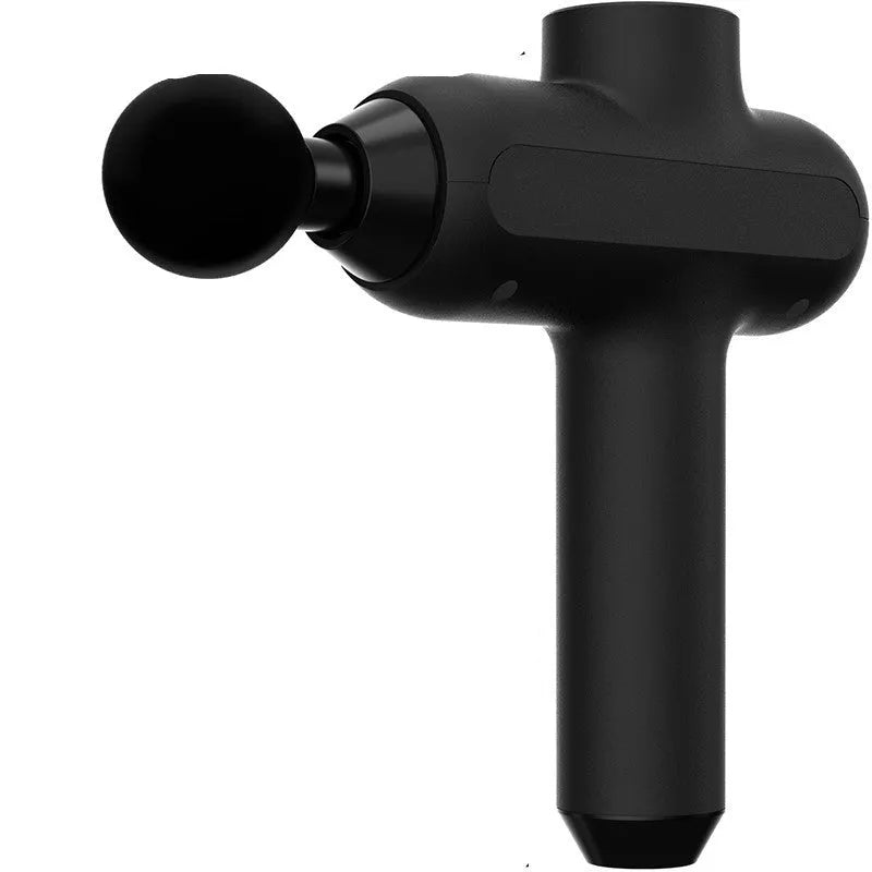 Handheld electric muscle relaxation massager with six different coloured massage heads on a black background.