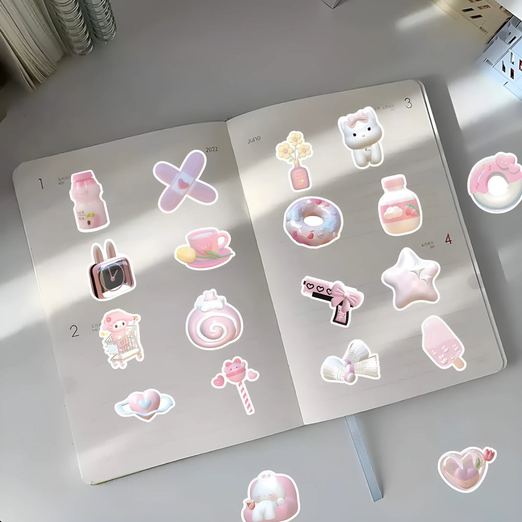 63 piece set of pink 3D girl heart decorative stickers in cute style on a sheet.