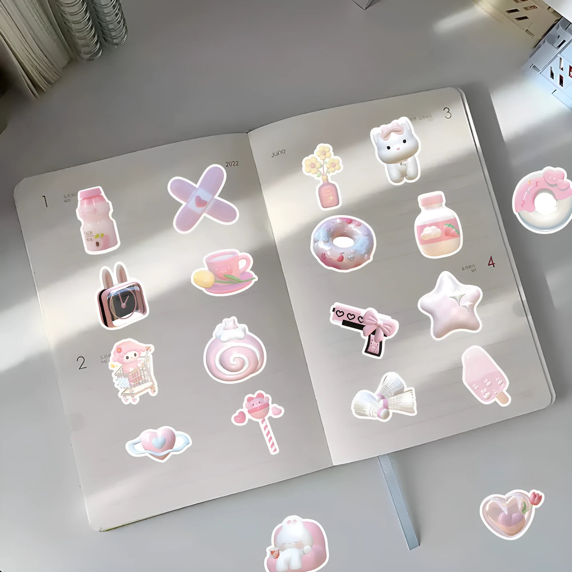 63 piece set of pink 3D girl heart decorative stickers in cute style on a sheet.