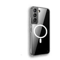 Transparent magnetic TPU phone case for Samsung S21, S22, S23 models on a table.